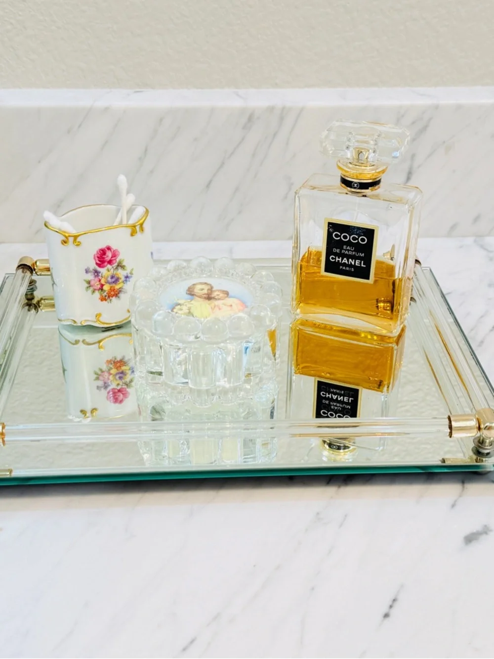 Vintage Modern Glass and Gold Mirrored Vanity Tray